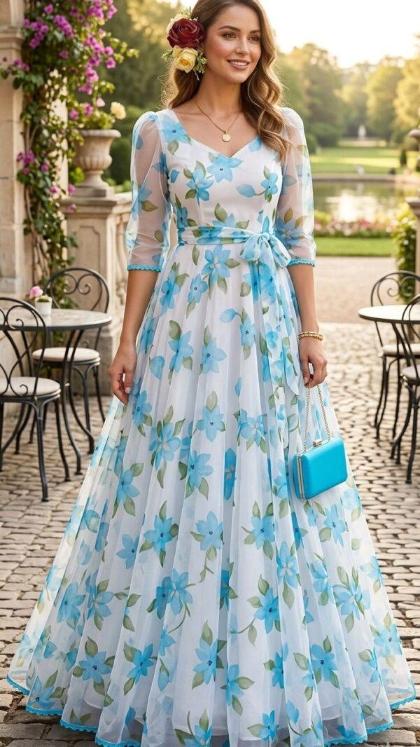 Sky Blue Floral Printed Organza Anarkali Gown for Women | Elegant Party & Wedding Wear