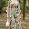 Mint Green Floral Printed Anarkali Palazzo Set with Embellished Shrug