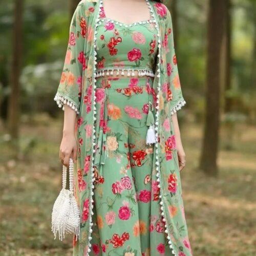 Mint Green Floral Printed Anarkali Palazzo Set with Embellished Shrug
