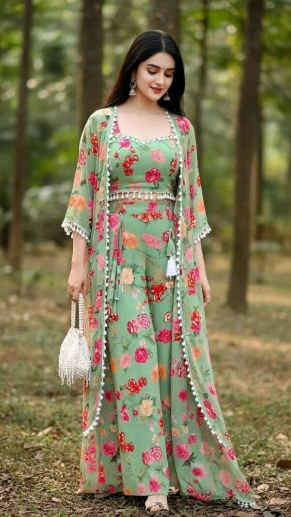 Mint Green Floral Printed Anarkali Palazzo Set with Embellished Shrug