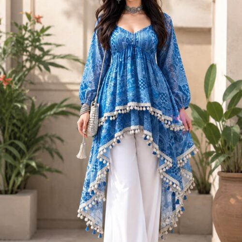 Sky Blue Printed Asymmetric Kurta with White Palazzo Set