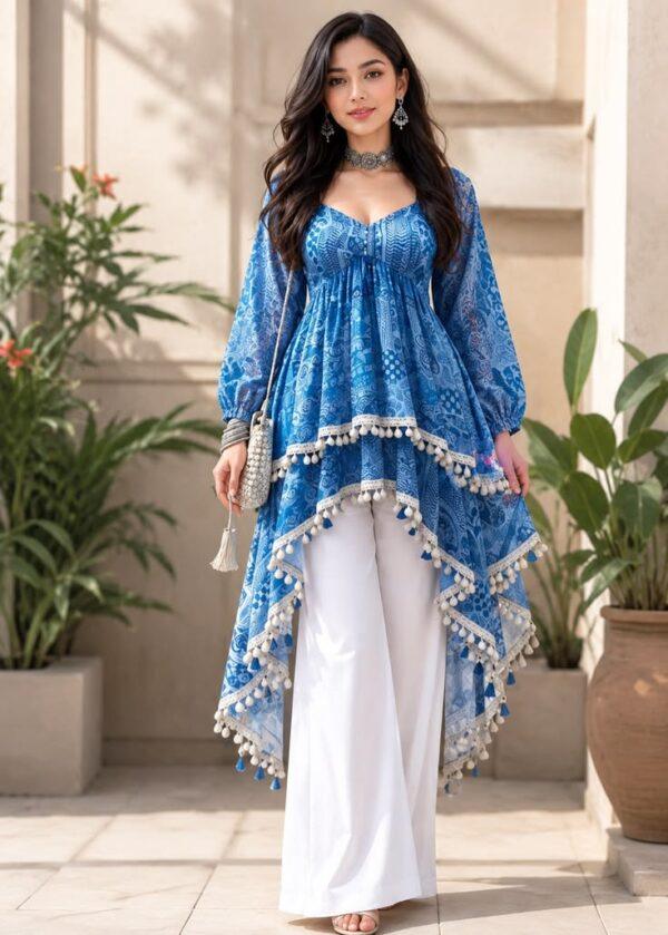 Sky Blue Printed Asymmetric Kurta with White Palazzo Set