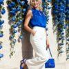 Women’s Royal Blue Sleeveless Top with High-Waisted White Wide-Leg Pants