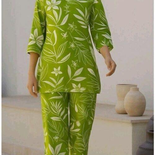 Women's Lime Green Floral Printed Cotton Kurta Pant Co-Ord Set