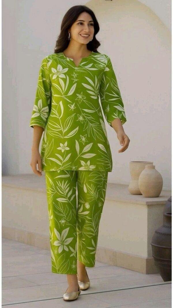Women's Lime Green Floral Printed Cotton Kurta Pant Co-Ord Set