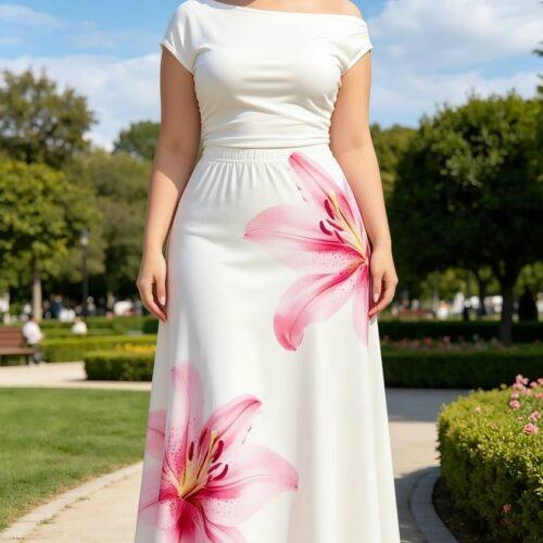 Women's White Pink Lily Floral Printed Off-Shoulder Maxi Dress