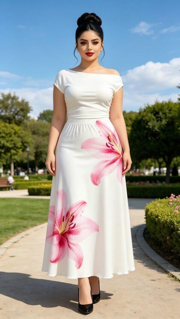 Women's White Pink Lily Floral Printed Off-Shoulder Maxi Dress