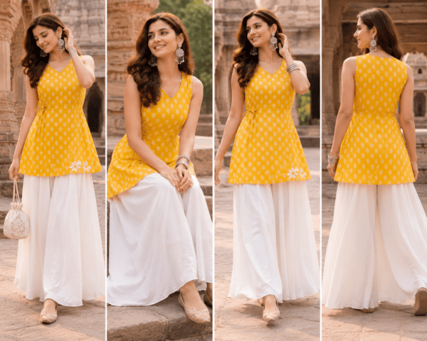 Mustard Yellow Printed Sleeveless Kurta with White Palazzo Set | Summer Casual Ethnic Wear