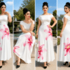 White Pink Lily Floral Printed Off-Shoulder Maxi Dress