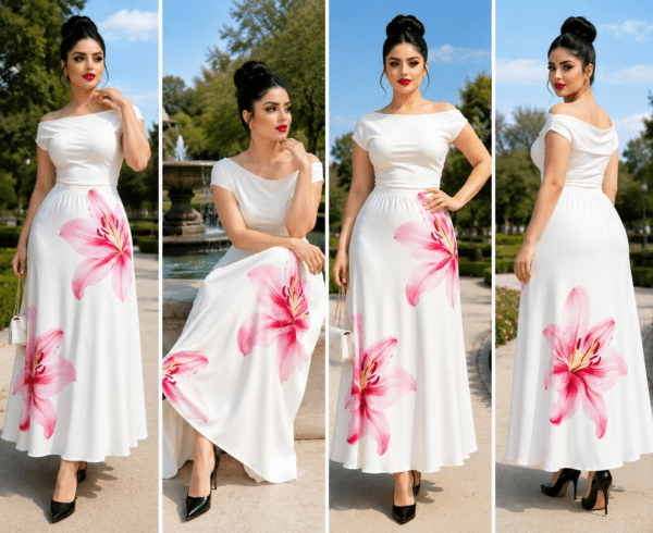 White Pink Lily Floral Printed Off-Shoulder Maxi Dress