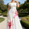 White Pink Lily Floral Printed Off-Shoulder Maxi Dress