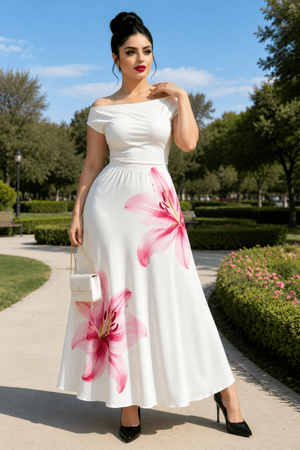 White Pink Lily Floral Printed Off-Shoulder Maxi Dress