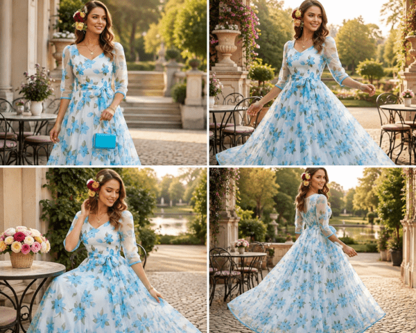 Sky Blue Floral Printed Organza Anarkali Gown for Women
