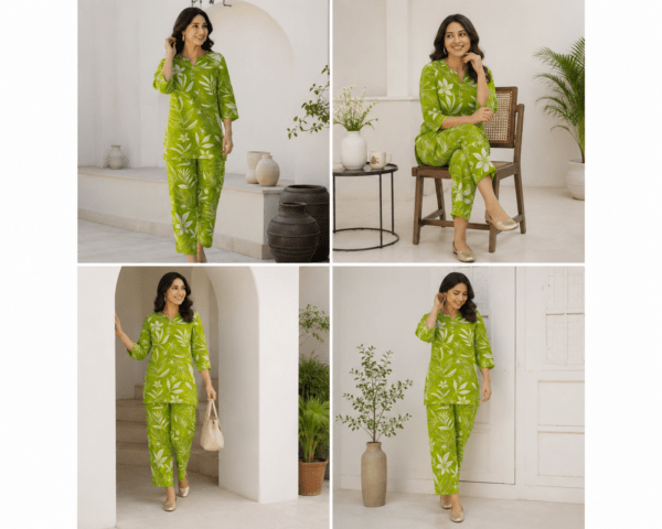 Lime Green Floral Printed Cotton Kurta Pant Co-Ord Set