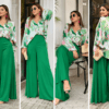 Green Abstract Printed Satin Shirt with Emerald Wide Leg Palazzo Pants Co-Ord Set | Elegant Casual & Party Wear