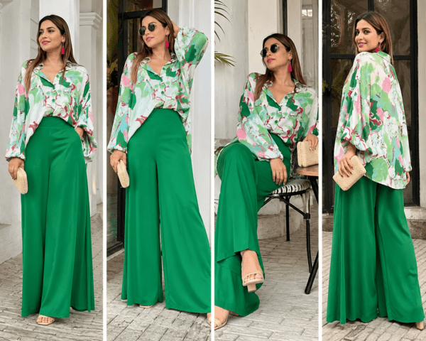 Green Abstract Printed Satin Shirt with Emerald Wide Leg Palazzo Pants Co-Ord Set | Elegant Casual & Party Wear