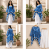 Sky Blue Printed Asymmetric Kurta with White Palazzo Set