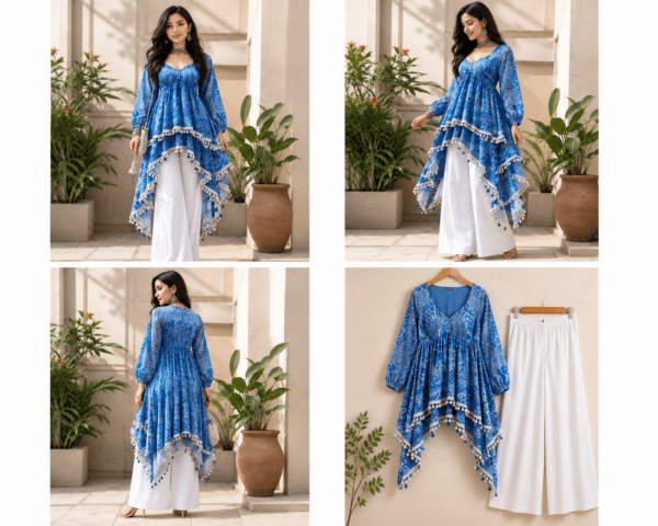 Sky Blue Printed Asymmetric Kurta with White Palazzo Set
