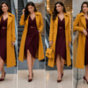 Women’s Mustard Yellow Longline Trench Coat with Burgundy Wrap Midi Dress