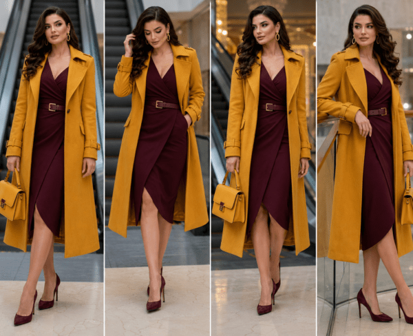 Women’s Mustard Yellow Longline Trench Coat with Burgundy Wrap Midi Dress
