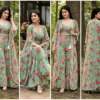 Mint Green Floral Printed Anarkali Palazzo Set with Embellished Shrug