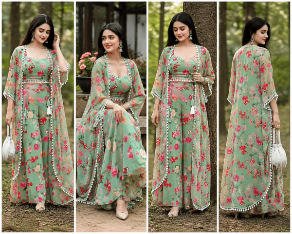 Mint Green Floral Printed Anarkali Palazzo Set with Embellished Shrug