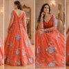 Coral Orange Floral Embroidered Anarkali Gown with Pearl Embellished Neckline & Belt