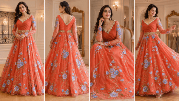 Coral Orange Floral Embroidered Anarkali Gown with Pearl Embellished Neckline & Belt