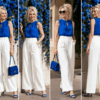 Women’s Royal Blue Sleeveless Top with High-Waisted White Wide-Leg Pants
