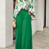Green Abstract Printed Satin Shirt with Emerald Wide Leg Palazzo Pants Co-Ord Set | Elegant Casual & Party Wear