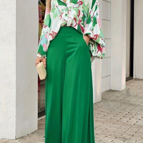Green Abstract Printed Satin Shirt with Emerald Wide Leg Palazzo Pants Co-Ord Set | Elegant Casual & Party Wear