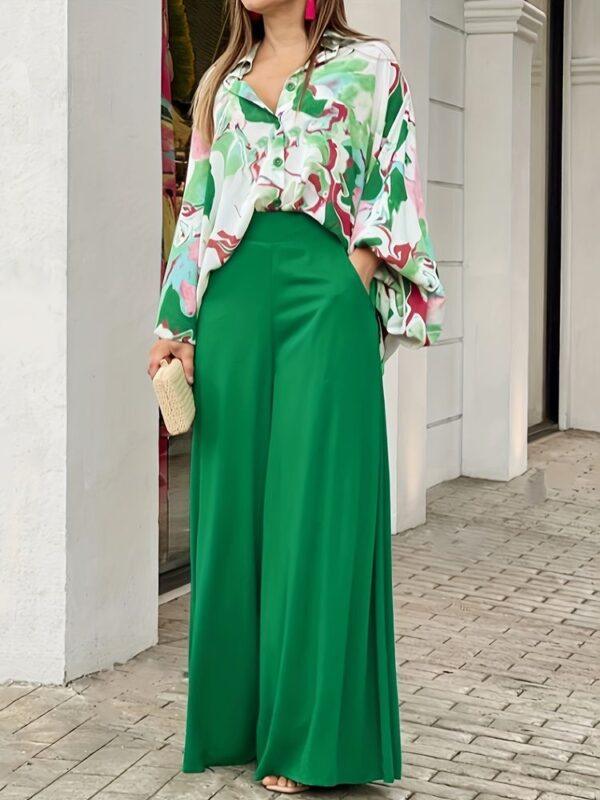 Green Abstract Printed Satin Shirt with Emerald Wide Leg Palazzo Pants Co-Ord Set | Elegant Casual & Party Wear