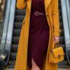 Women’s Mustard Yellow Longline Trench Coat with Burgundy Wrap Midi Dress