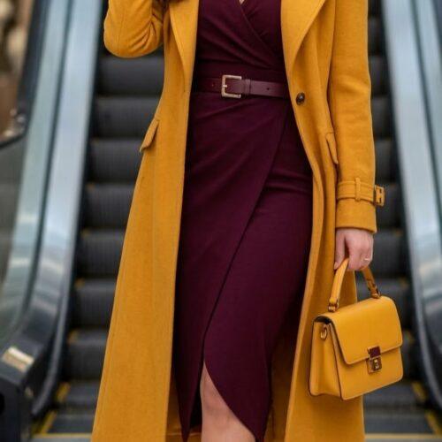 Women’s Mustard Yellow Longline Trench Coat with Burgundy Wrap Midi Dress