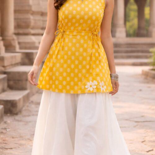 Mustard Yellow Printed Sleeveless Kurta with White Palazzo Set | Summer Casual Ethnic Wear