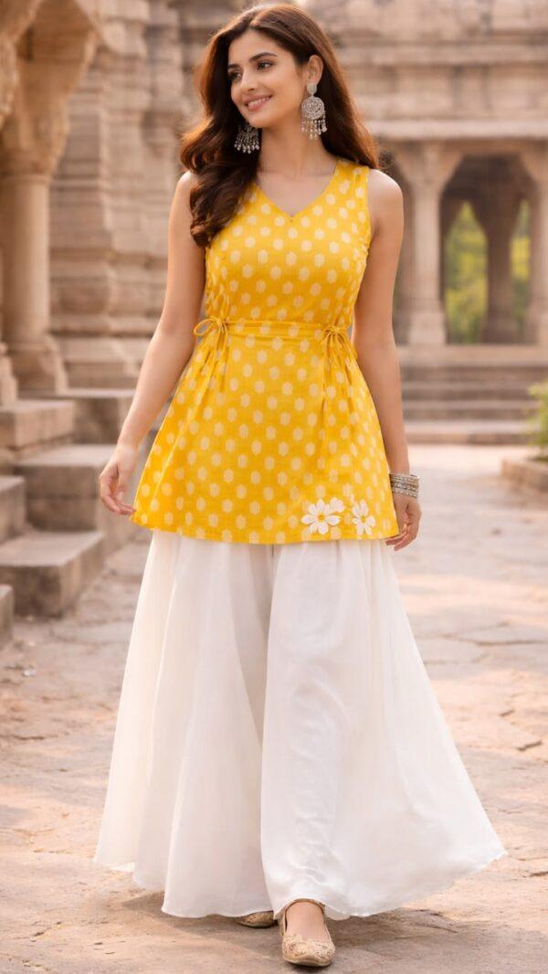 Mustard Yellow Printed Sleeveless Kurta with White Palazzo Set | Summer Casual Ethnic Wear
