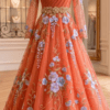 Coral Orange Floral Embroidered Anarkali Gown with Pearl Embellished Neckline & Belt