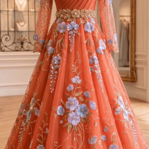 Coral Orange Floral Embroidered Anarkali Gown with Pearl Embellished Neckline & Belt