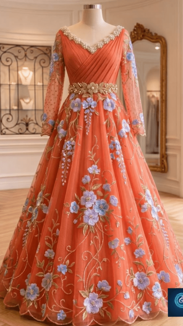 Coral Orange Floral Embroidered Anarkali Gown with Pearl Embellished Neckline & Belt