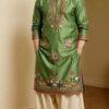 Men’s Olive Green Embroidered Silk Kurta with White Pajama Traditional Ethnic Wear Set