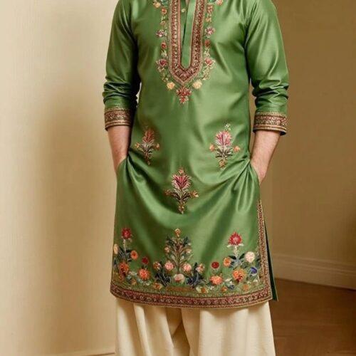 Men’s Olive Green Embroidered Silk Kurta with White Pajama Traditional Ethnic Wear Set