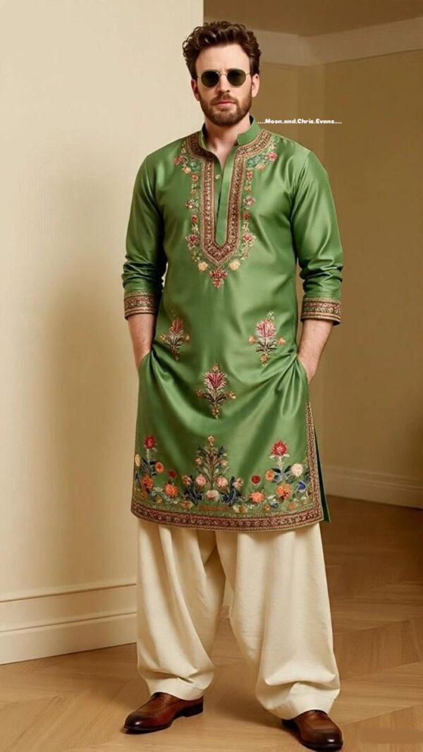 Men’s Olive Green Embroidered Silk Kurta with White Pajama Traditional Ethnic Wear Set