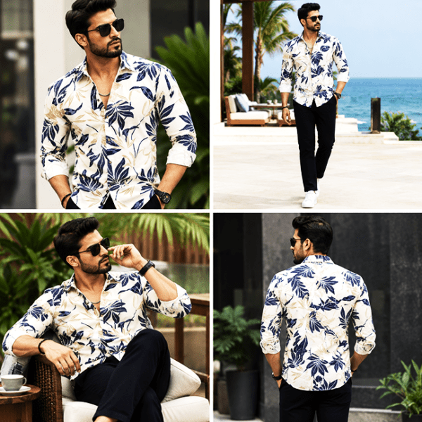 Men’s Cream & Navy Blue Tropical Leaf Printed Full-Sleeve Shirt – Stylish Casual & Resort Party Wear Men’s Cream & Navy Blue Tropical Leaf Printed Full-Sleeve Shirt – Stylish Casual & Resort Party Wear