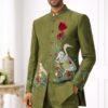 Men’s Olive Green Embroidered Bird & Floral Designer Nehru Jacket with Matching