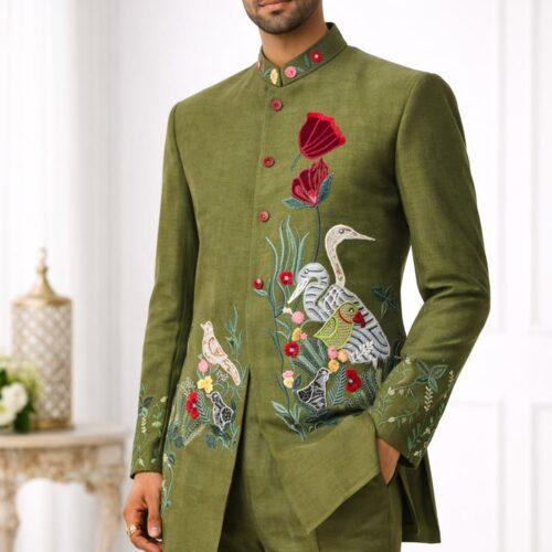 Men’s Olive Green Embroidered Bird & Floral Designer Nehru Jacket with Matching