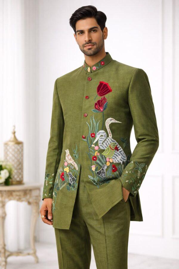 Men’s Olive Green Embroidered Bird & Floral Designer Nehru Jacket with Matching