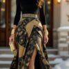 Women’s Black & Gold Printed High-Waist Maxi Skirt with Front Slit