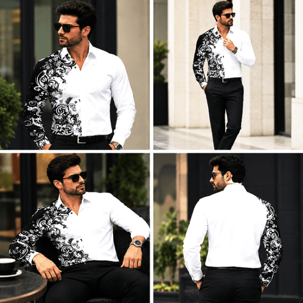 Men’s White & Black Paisley Printed Full-Sleeve Shirt with Contrast Design – Stylish Casual & Party Wear