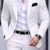 Men’s Elegant White Slim-Fit 2-Piece Suit Set with White Dress Shirt & Black Pocket Square