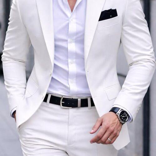 Men’s Elegant White Slim-Fit 2-Piece Suit Set with White Dress Shirt & Black Pocket Square